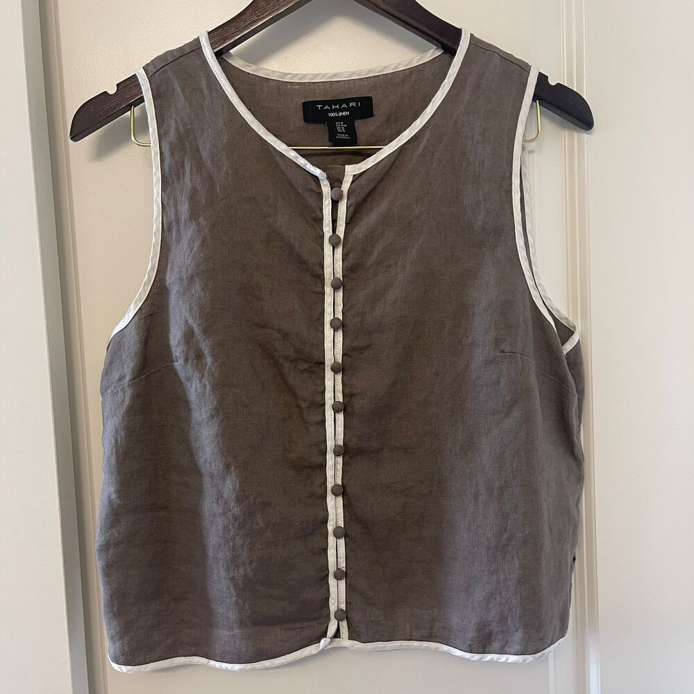 Tahari 100% Linen Sleeveless Button Front Top Grey White Trim Size M Boho Luxe - Picture 2 of 7